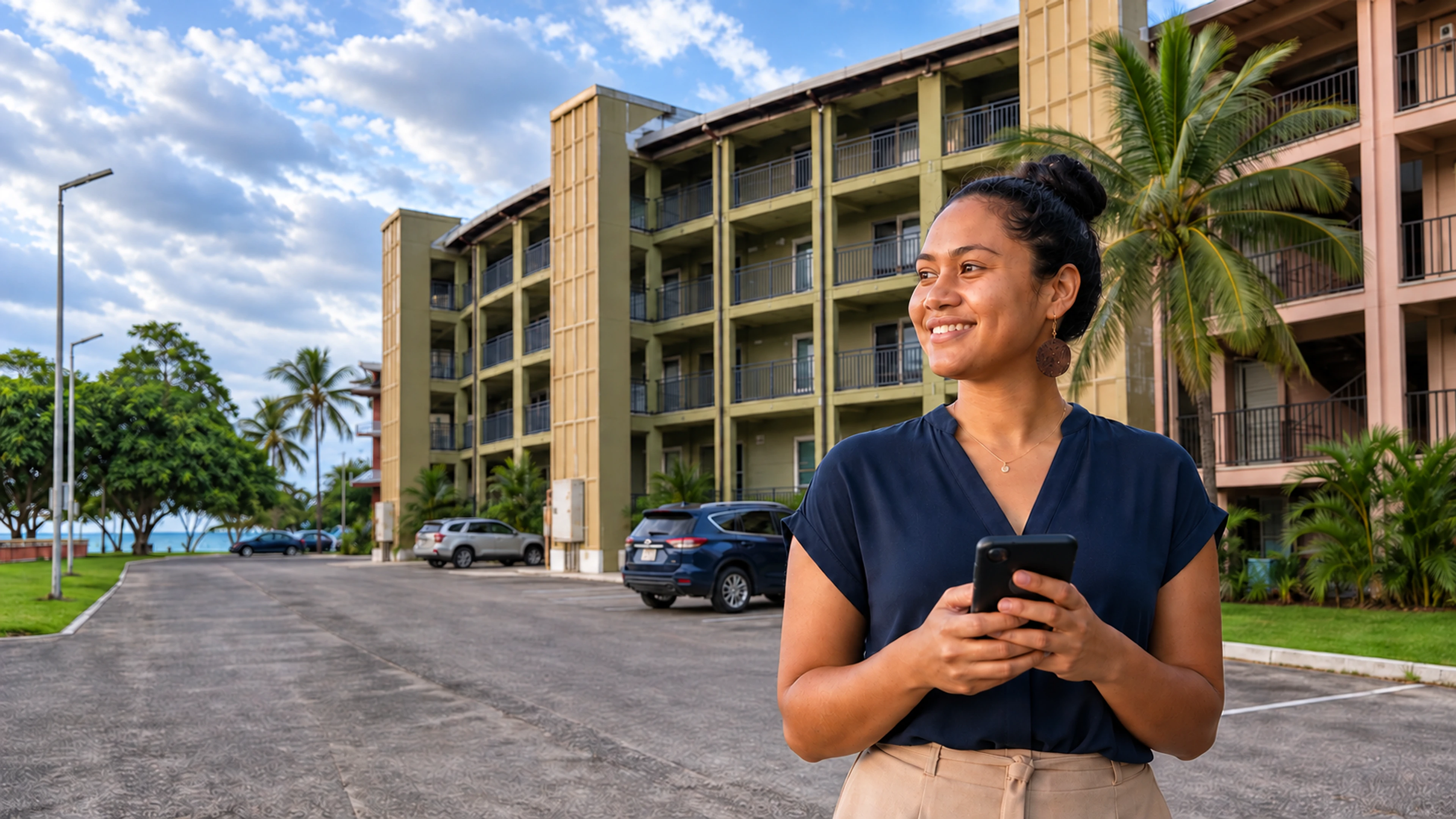 Marshallese customer using a smartphone outside the recognizable Lojkar property in Majuro
